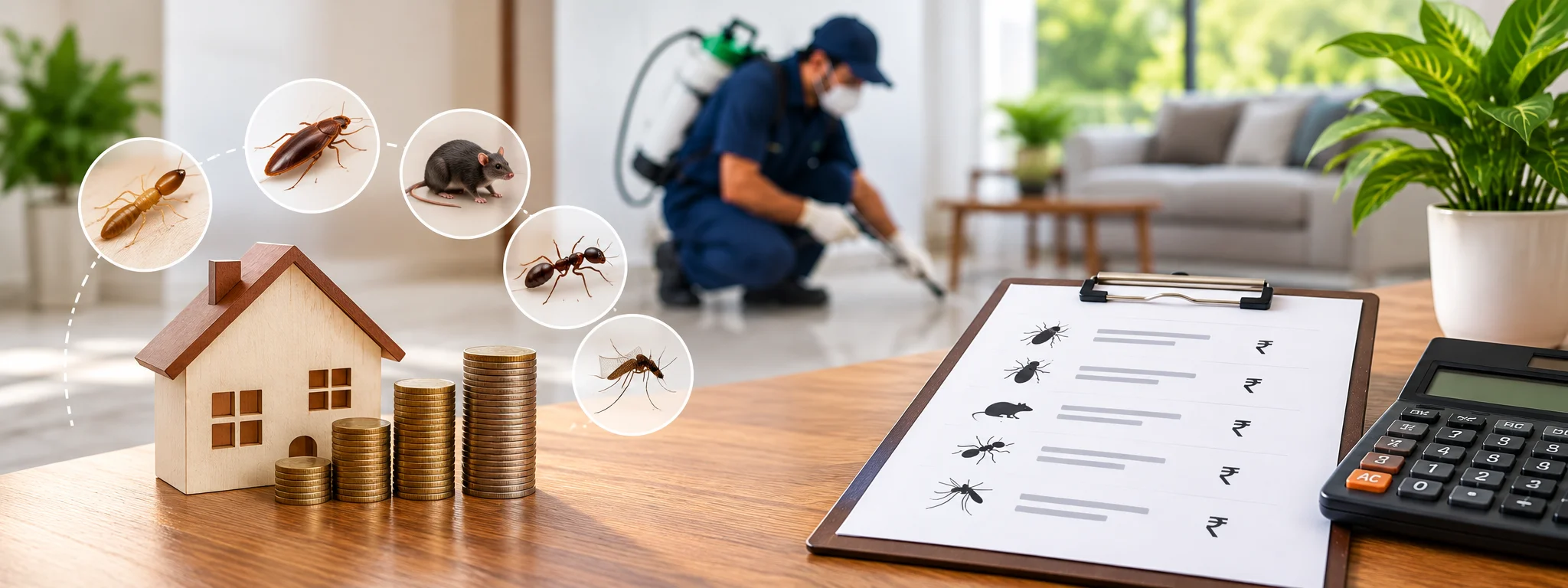 Pest control price list illustration showing pest treatment services, a technician, and cost estimation for homes in Nagpur.