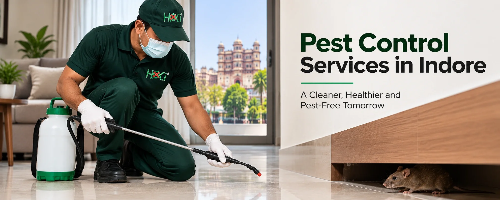 Professional HPCI technician providing Pest Control Services in Indore inside a modern home while treating a rodent near the cabinet.
