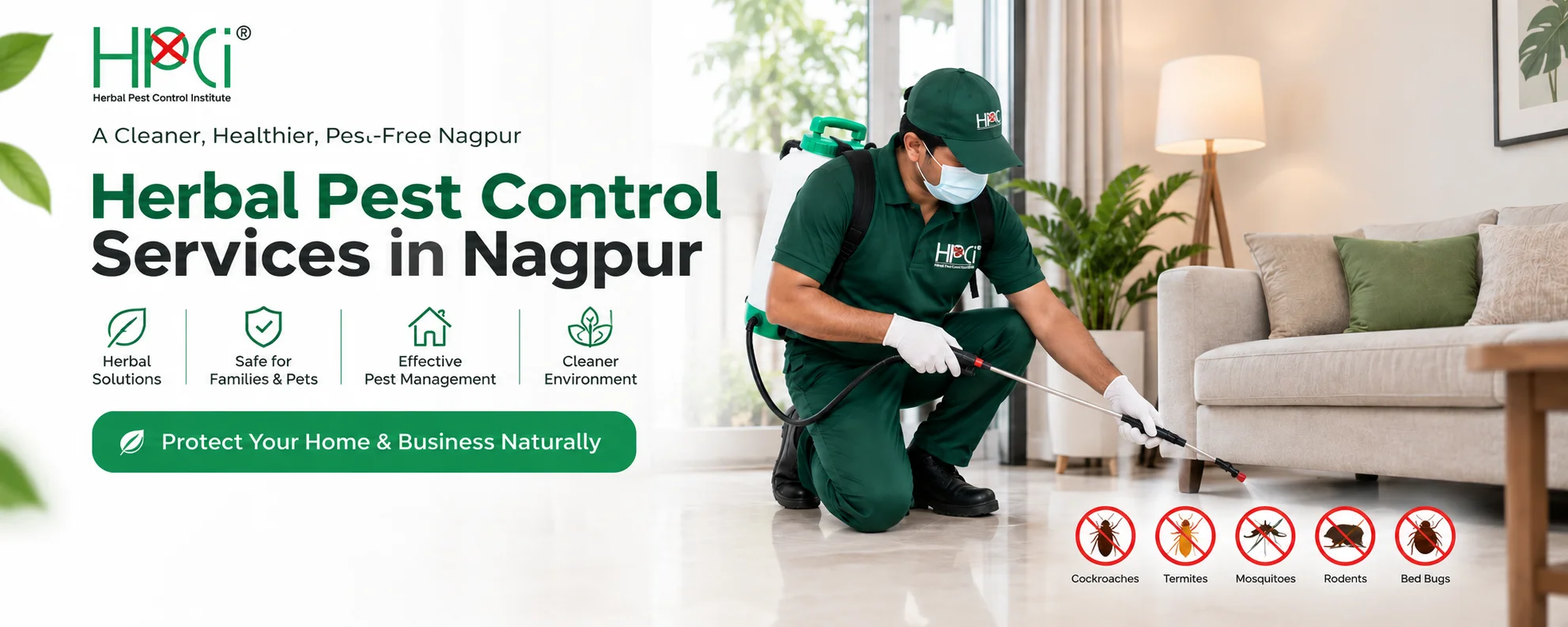 Herbal Pest Control Services in Nagpur banner featuring a professional HPCI technician treating a modern home with herbal pest control equipment.
