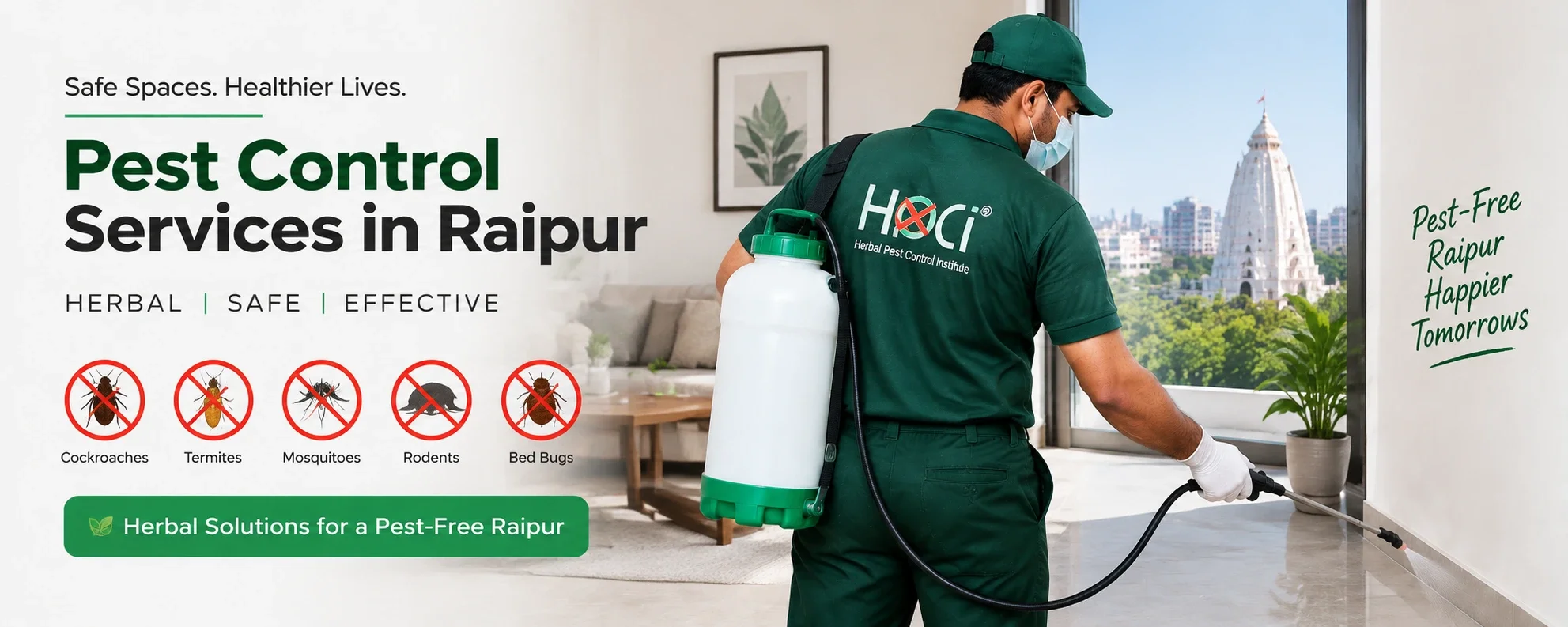 Herbal Pest Control Services in Raipur featuring a professional HPCI technician providing pest treatment inside a clean home environment with herbal pest management equipment.