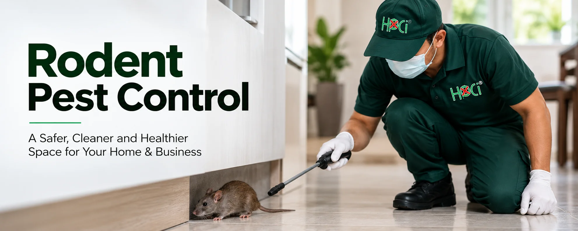 Rodent pest control service with a professional technician treating a rat inside a clean residential property.